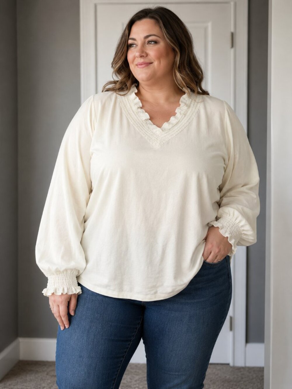 Lane Bryant V-Neck Long Sleeve Blouse Cream Sz 22/24